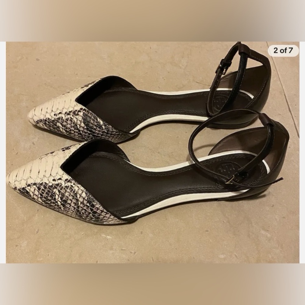 Tory Burch Snakeskin Python Point Toe Flats Size 6 - image 1